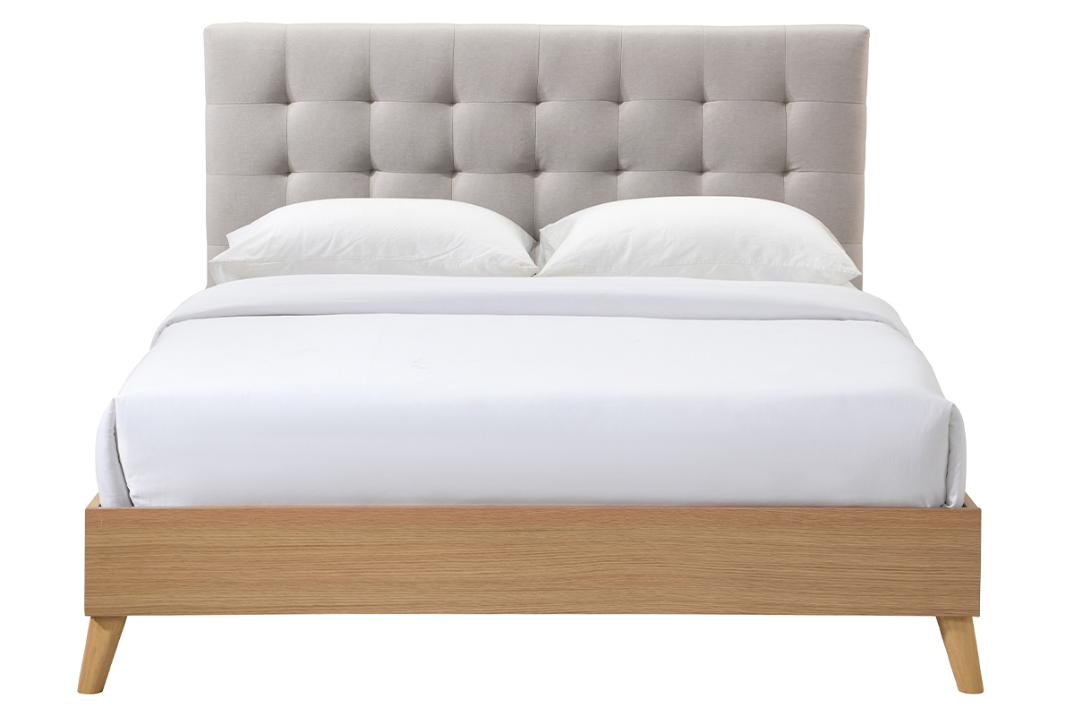 Letto matrimoniale scandinavo legno e tessuto beige 160 x 200cm LYNN