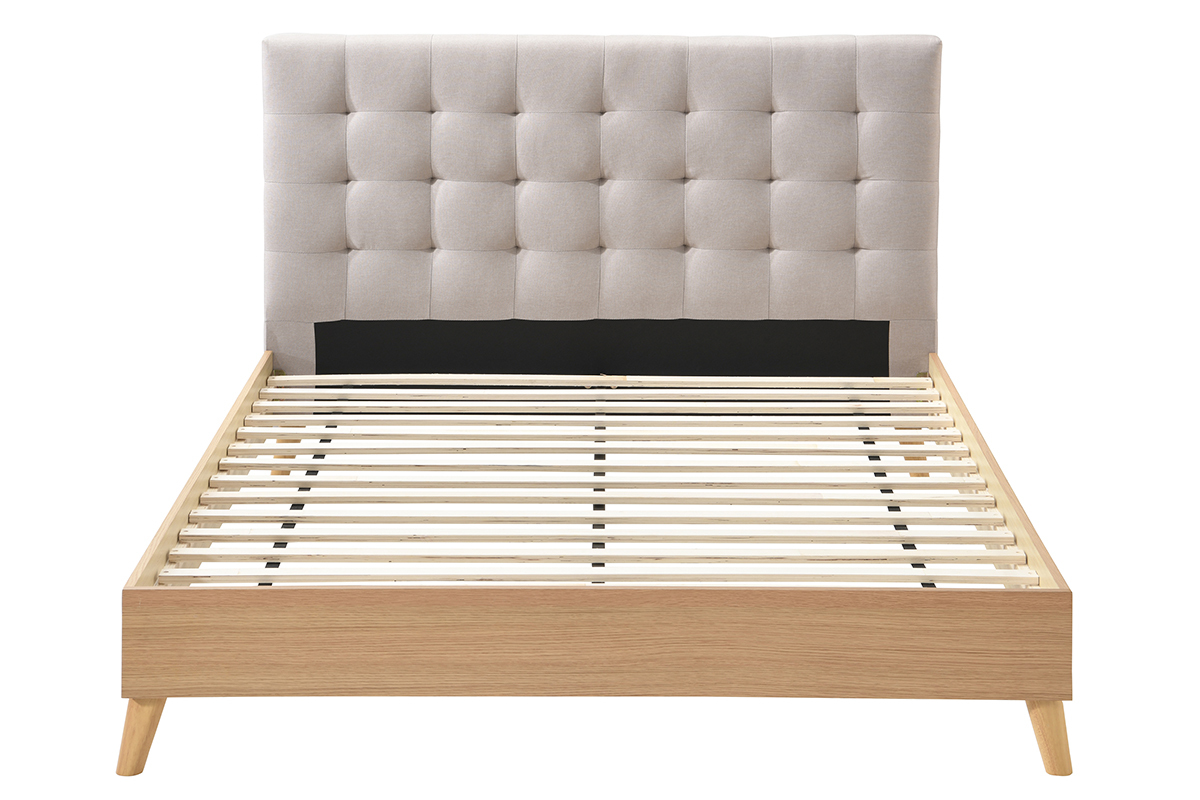 Letto matrimoniale scandinavo legno e tessuto beige 160 x 200cm LYNN