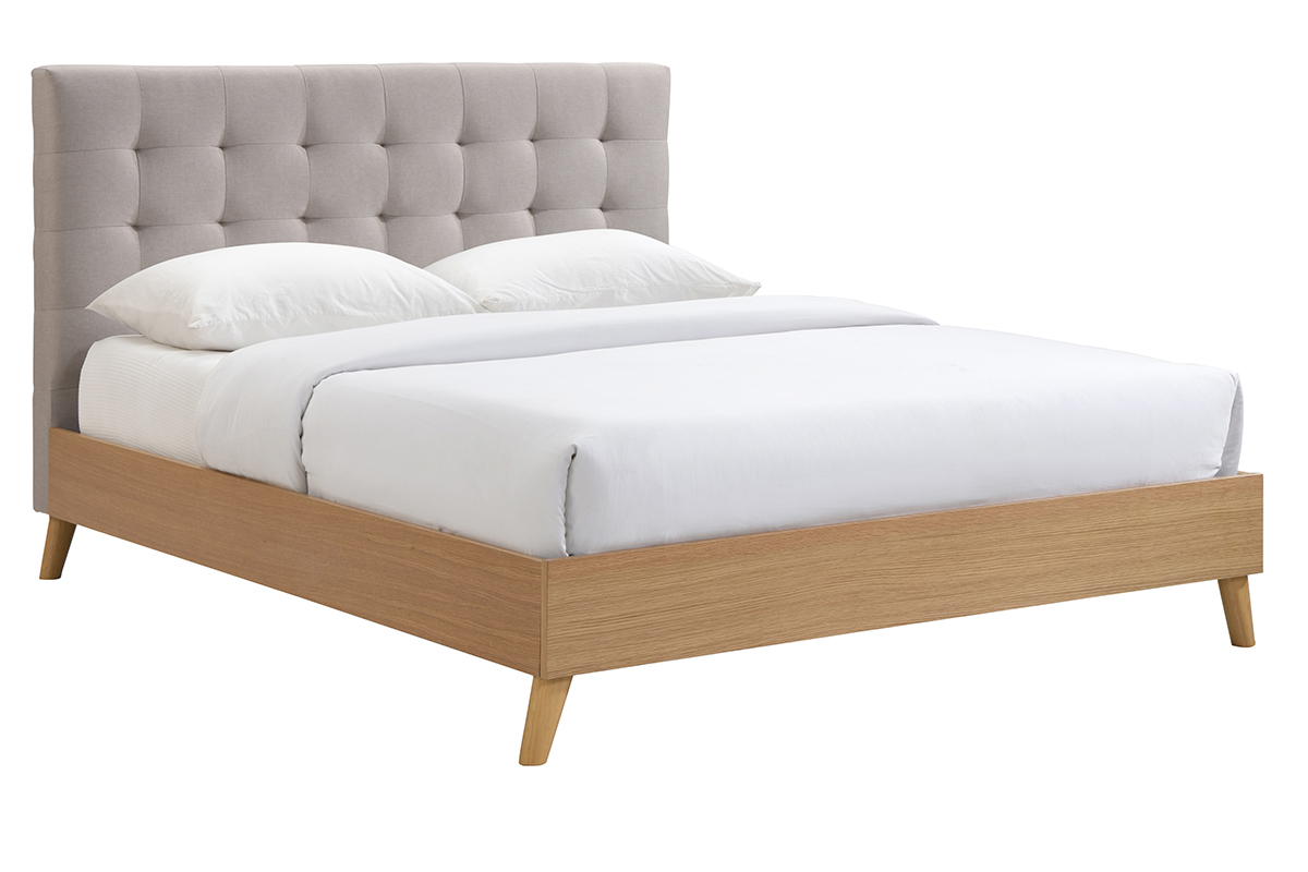 Letto matrimoniale scandinavo legno e tessuto beige 160 x 200cm LYNN