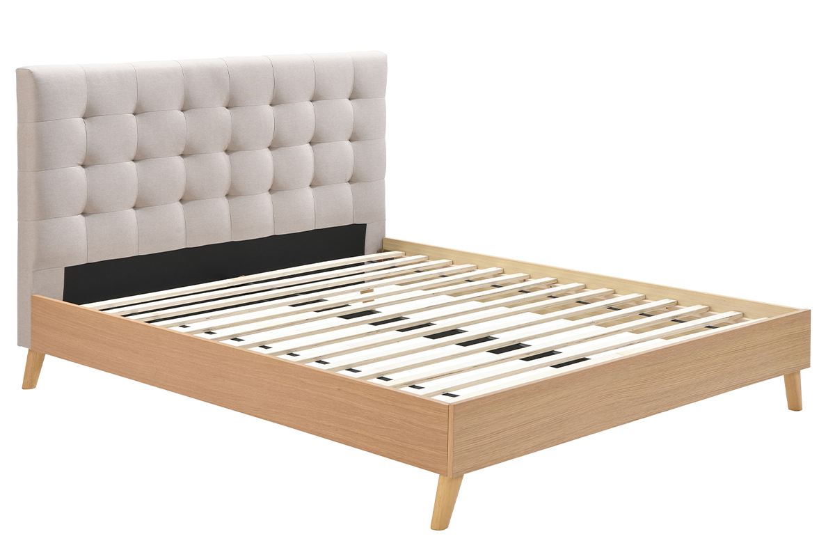 Letto matrimoniale scandinavo legno e tessuto beige 160 x 200cm LYNN