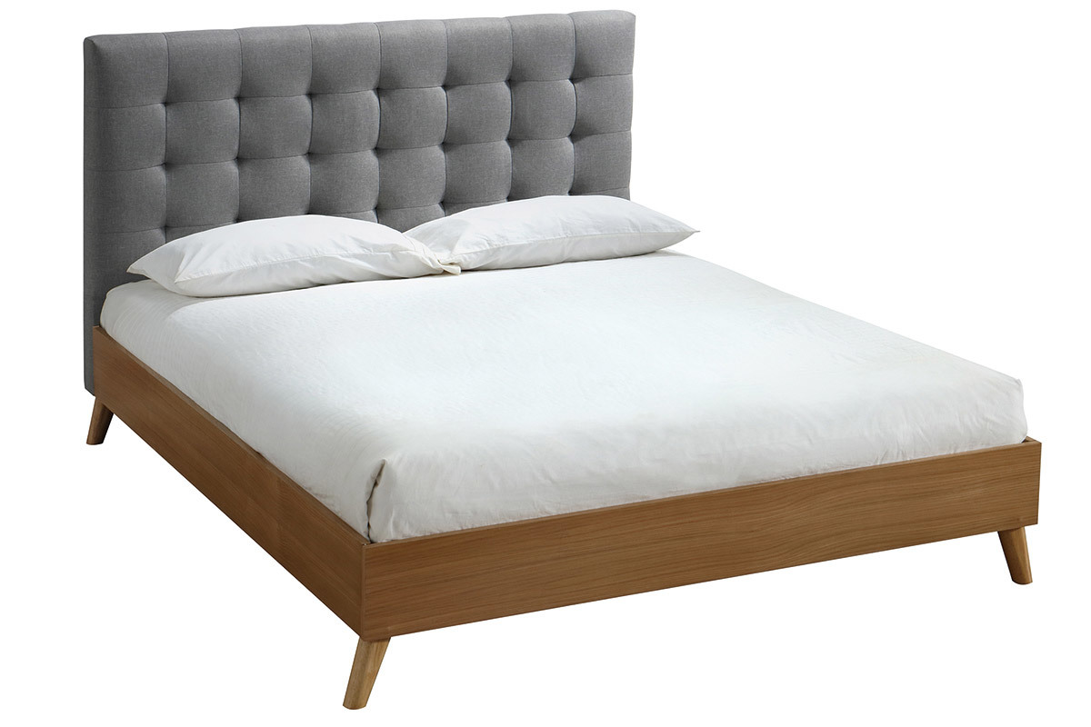 Letto matrimoniale scandinavo legno e tessuto grigio 140 x 200cm LYNN