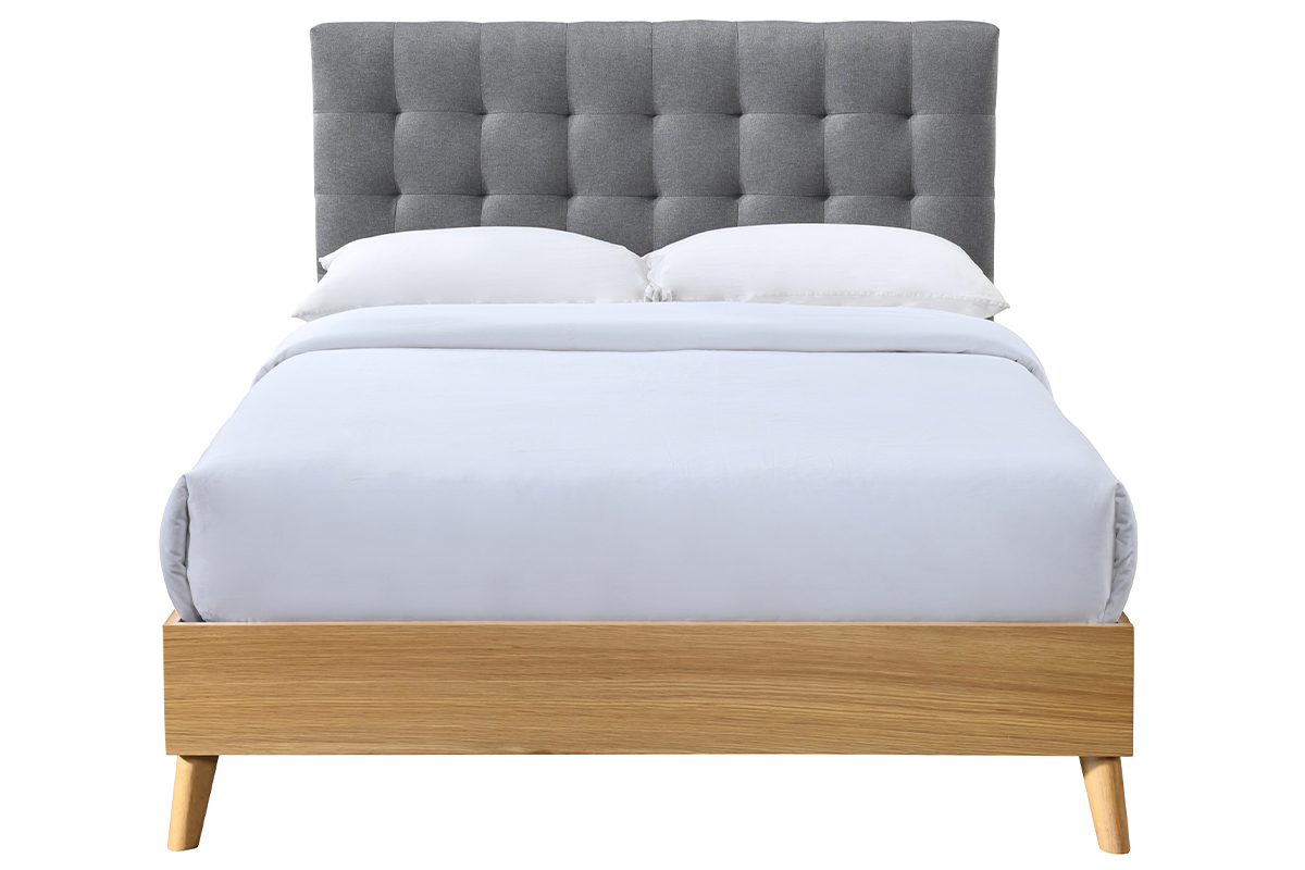 Letto matrimoniale scandinavo legno e tessuto grigio 140 x 200cm LYNN