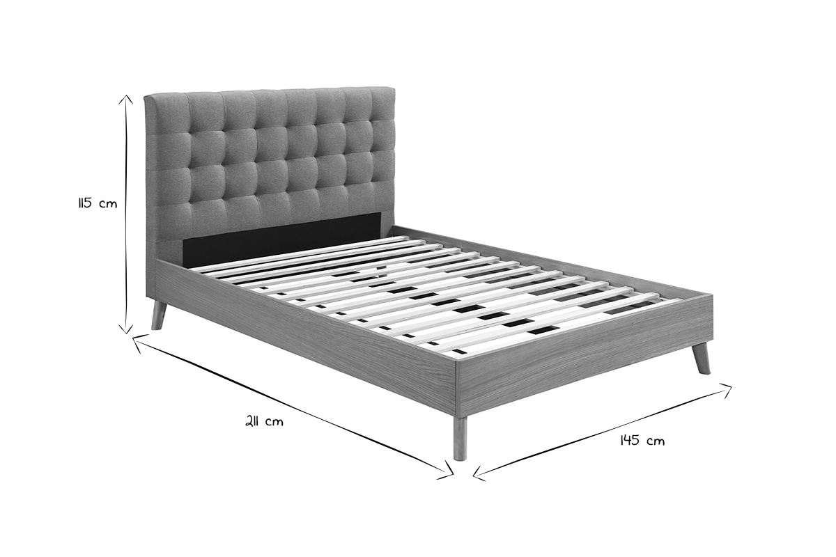 Letto matrimoniale scandinavo legno e tessuto grigio 140 x 200cm LYNN