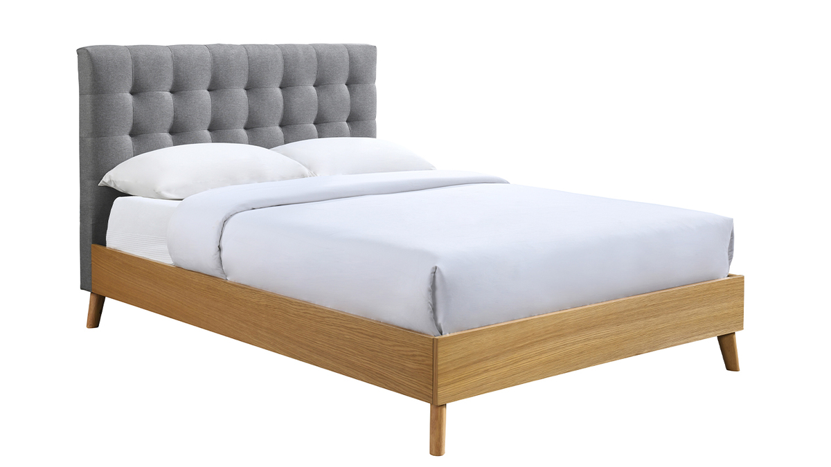 Letto matrimoniale scandinavo legno e tessuto grigio 140 x 200cm LYNN