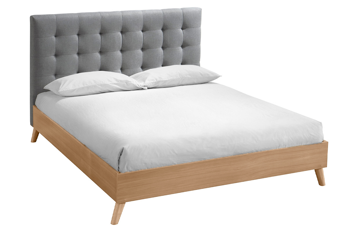 Letto matrimoniale scandinavo legno e tessuto grigio 160 x 200cm LYNN