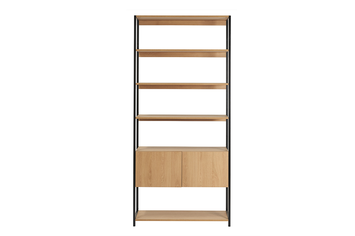 Libreria a ripiani con vano contenitore chiuso finitura legno chiaro rovere e metallo nero L94 cm FLEA