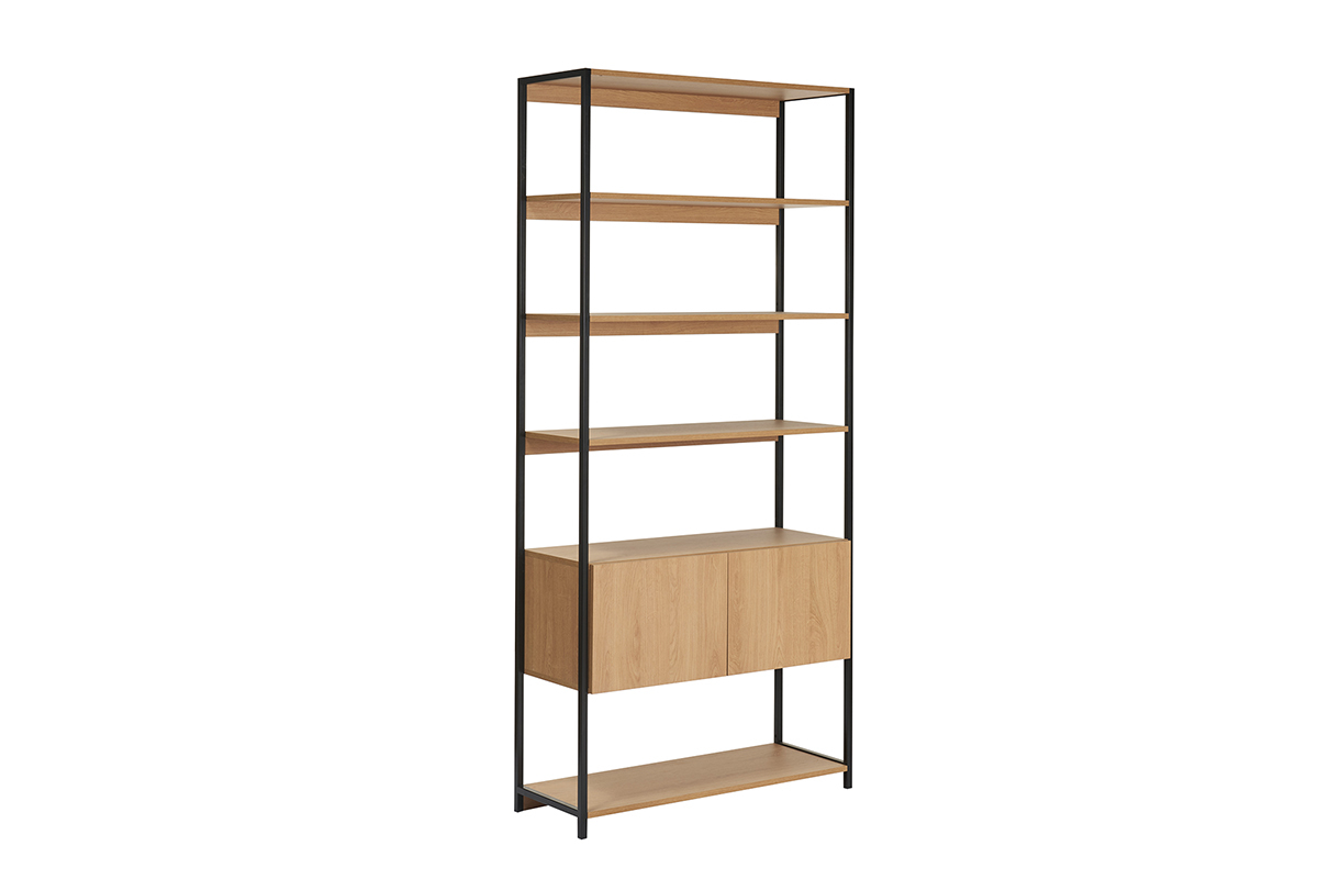 Libreria a ripiani con vano contenitore chiuso finitura legno chiaro rovere e metallo nero L94 cm FLEA