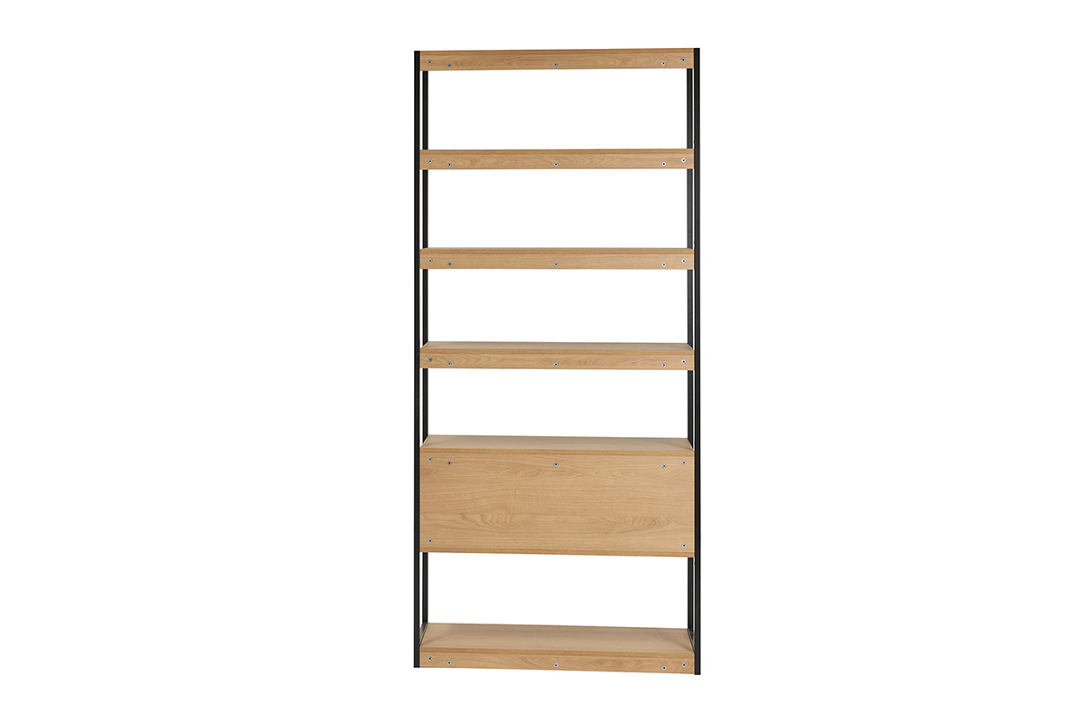 Libreria a ripiani con vano contenitore chiuso finitura legno chiaro rovere e metallo nero L94 cm FLEA