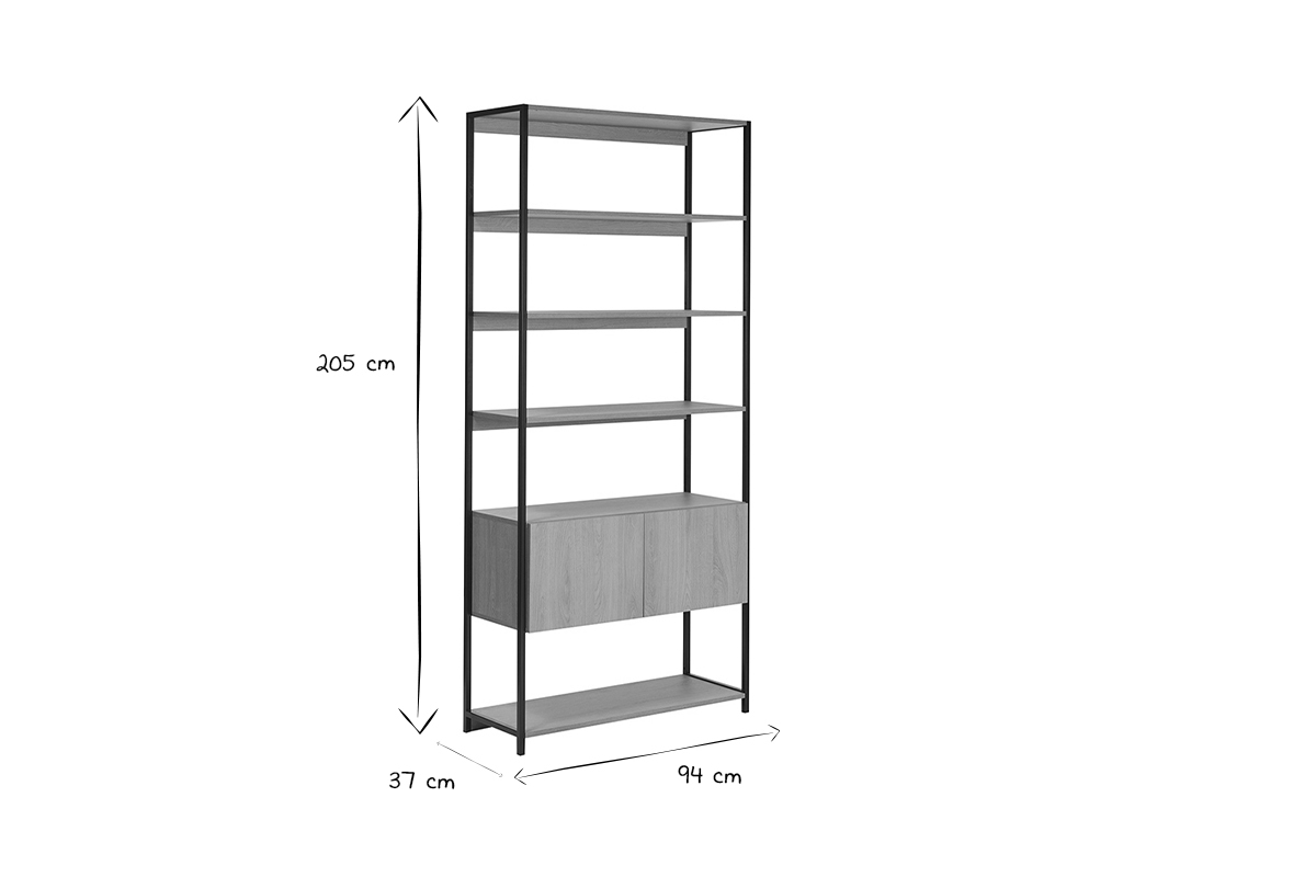 Libreria a ripiani con vano contenitore chiuso finitura legno chiaro rovere e metallo nero L94 cm FLEA