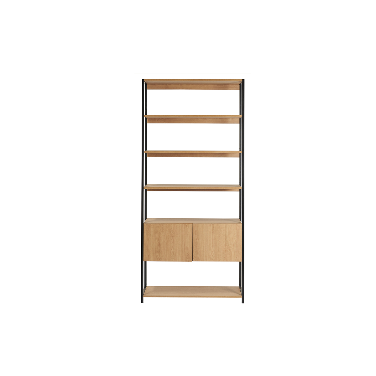 Libreria a ripiani con vano contenitore chiuso finitura legno chiaro rovere e metallo nero L94 cm FLEA