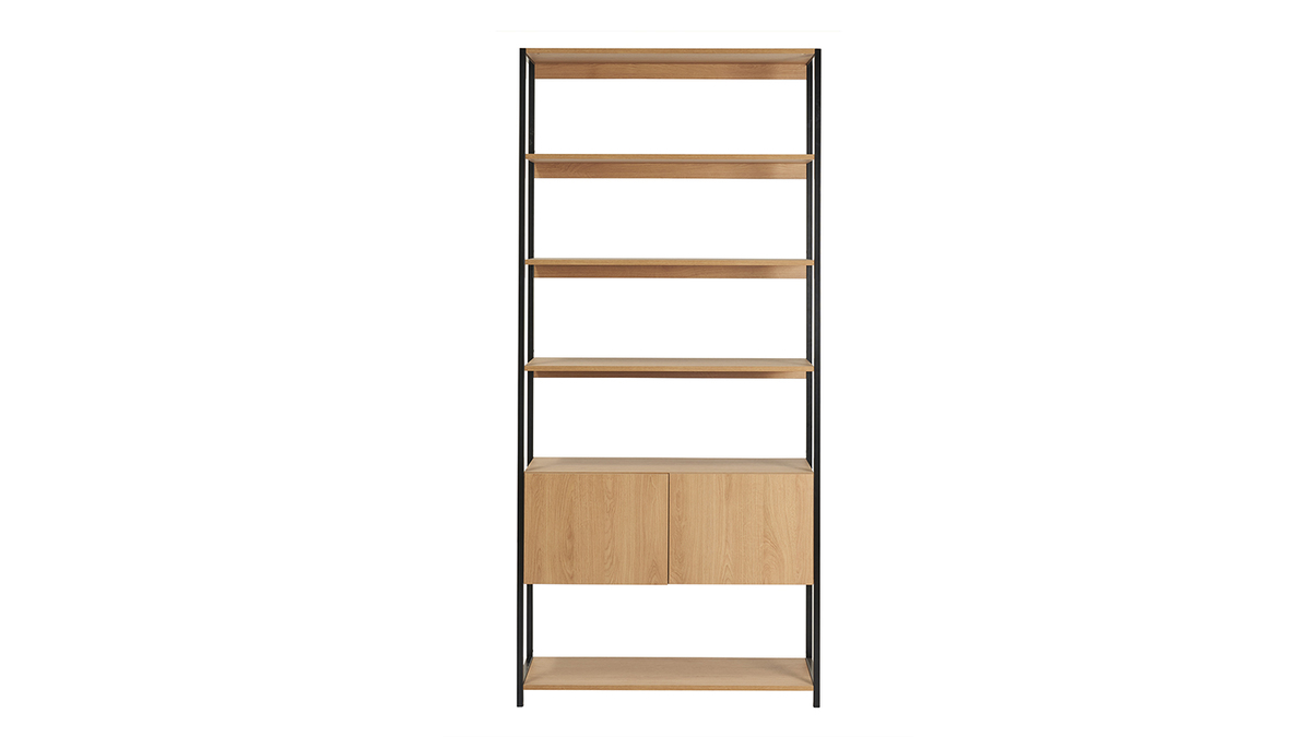 Libreria a ripiani con vano contenitore chiuso finitura legno chiaro rovere e metallo nero L94 cm FLEA