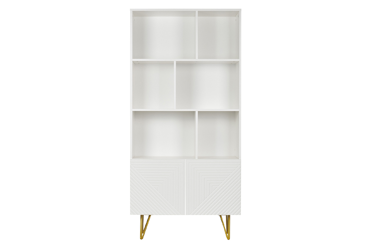 Libreria design con incisioni bianco opaco e metallo dorato 2 ante L86 cm OZEN