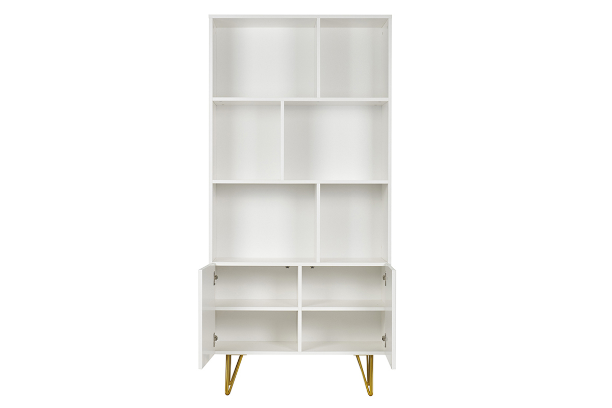 Libreria design con incisioni bianco opaco e metallo dorato 2 ante L86 cm OZEN