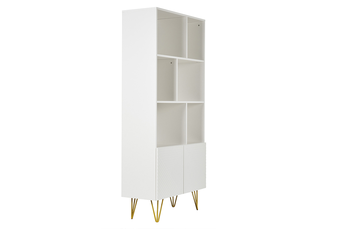 Libreria design con incisioni bianco opaco e metallo dorato 2 ante L86 cm OZEN