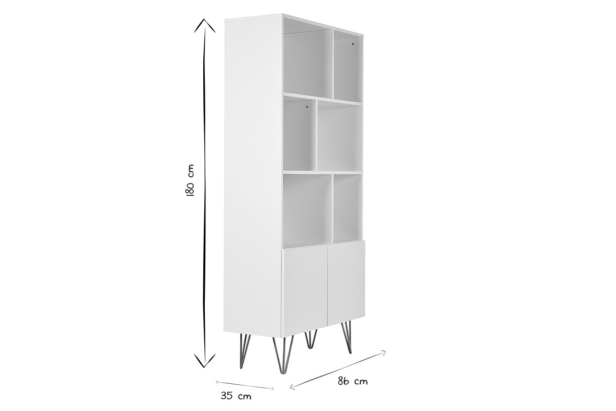 Libreria design con incisioni bianco opaco e metallo dorato 2 ante L86 cm OZEN