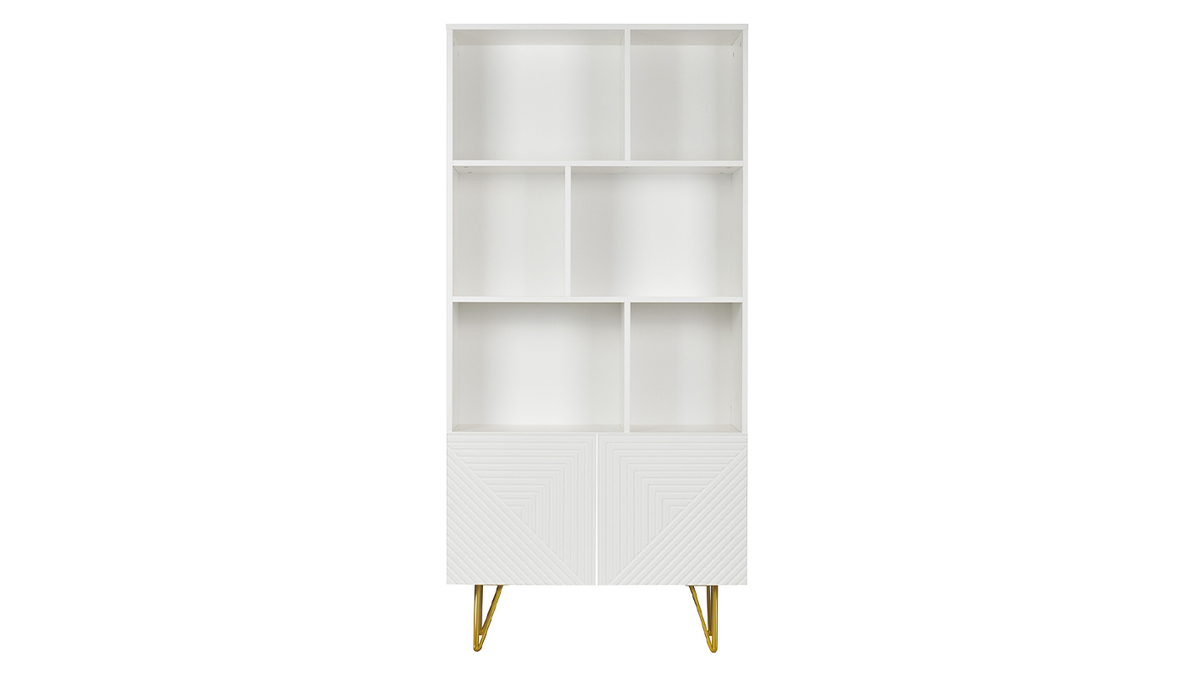 Libreria design con incisioni bianco opaco e metallo dorato 2 ante L86 cm OZEN