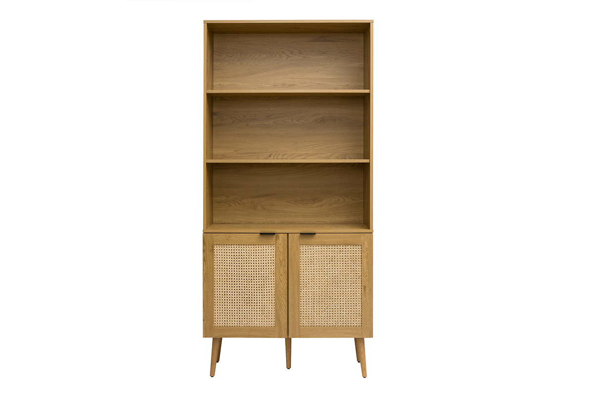 Libreria in legno chiaro, intreccio di rattan e metallo nero L90 MANILLE