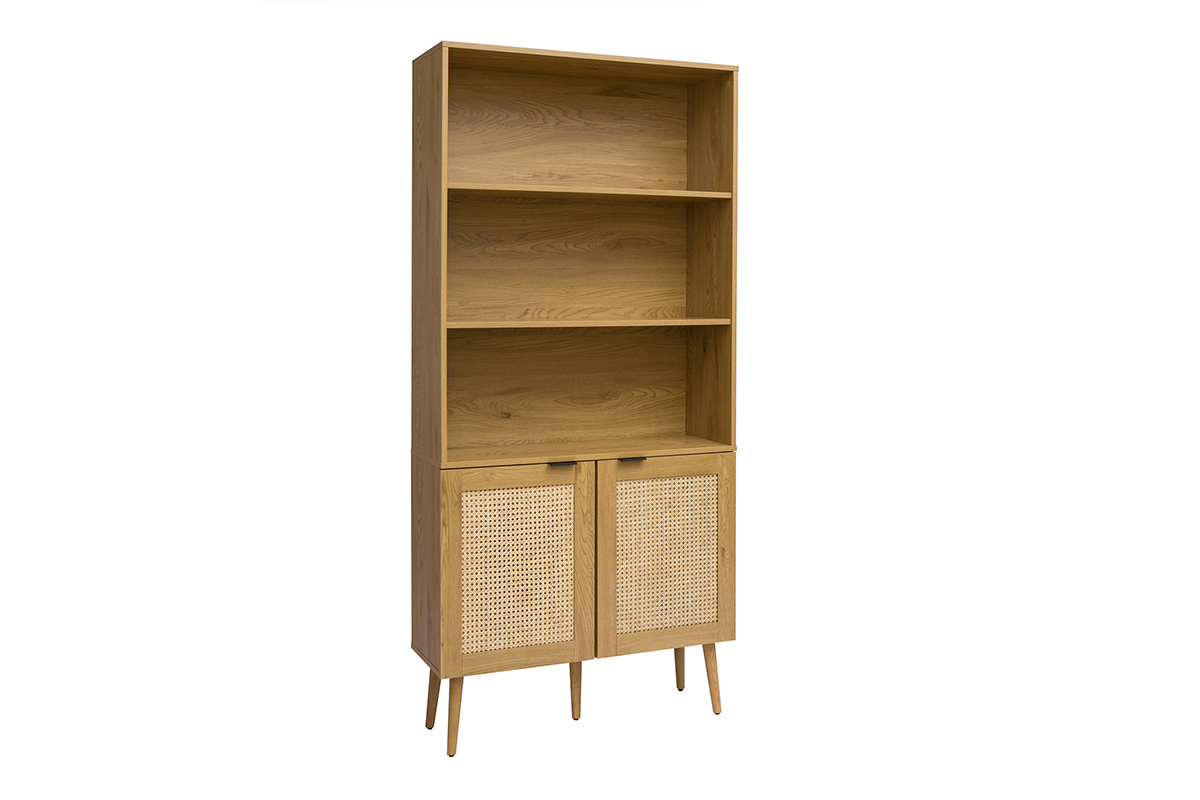 Libreria in legno chiaro, intreccio di rattan e metallo nero L90 MANILLE