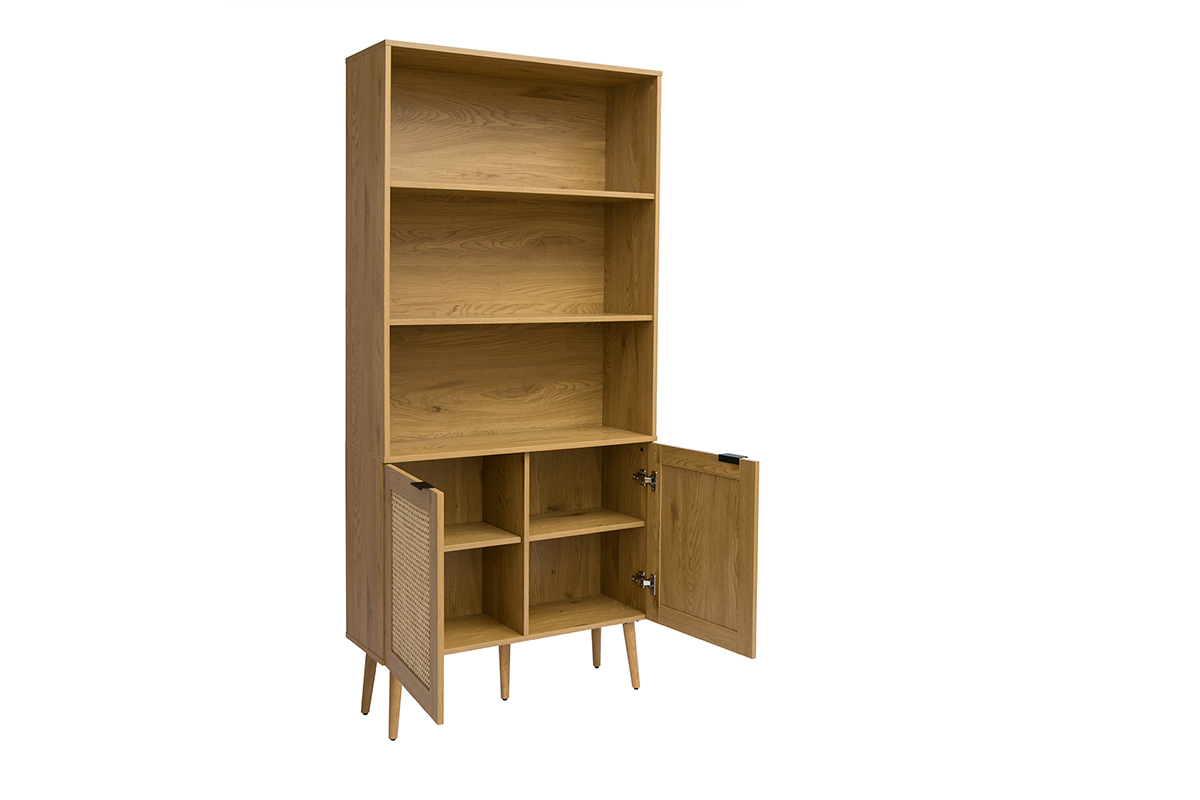 Libreria in legno chiaro, intreccio di rattan e metallo nero L90 MANILLE