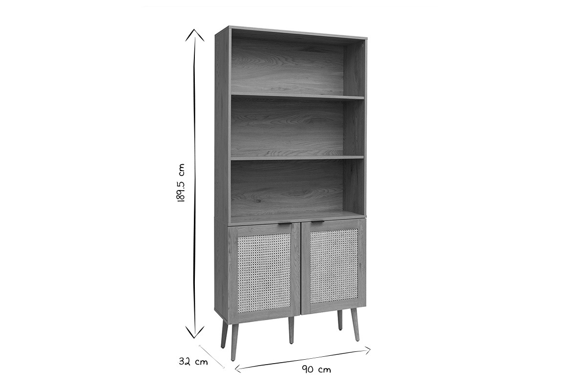 Libreria in legno chiaro, intreccio di rattan e metallo nero L90 MANILLE