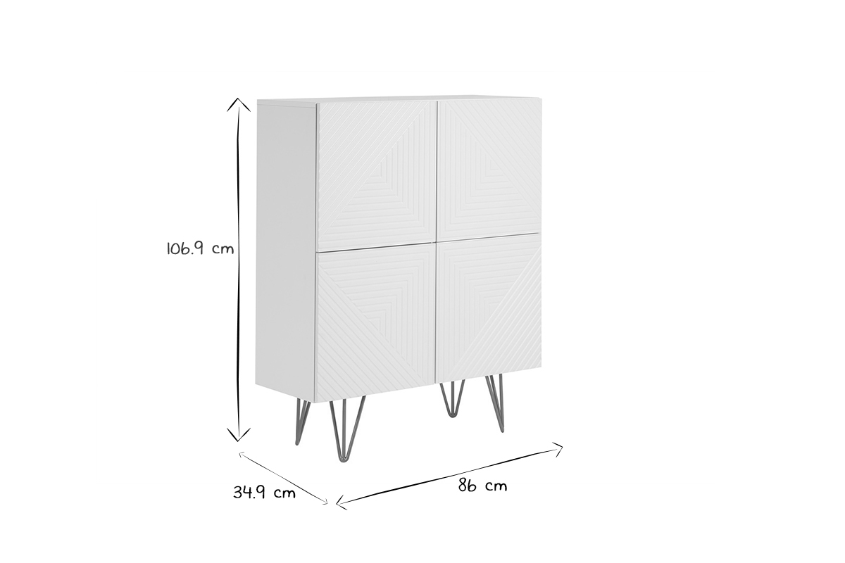 Madia design con incisioni bianco opaco e metallo dorato 4 ante L86 cm OZEN