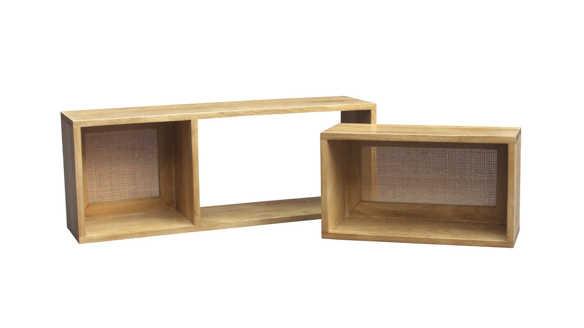 Mensole da parete estraibili in legno massello di mango e motivo a intreccio in rattan L80 cm (set di 2) ACANGE