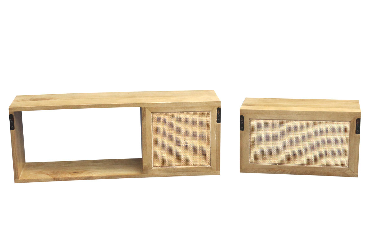 Mensole da parete estraibili in legno massello di mango e motivo a intreccio in rattan L80 cm (set di 2) ACANGE