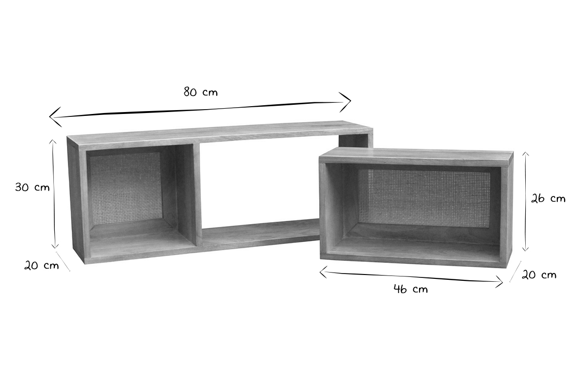 Mensole da parete estraibili in legno massello di mango e motivo a intreccio in rattan L80 cm (set di 2) ACANGE