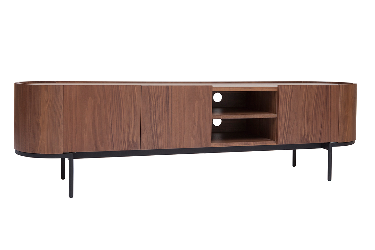 Mobile TV design legno scuro noce e metallo nero con scomparti L180 cm SKYE