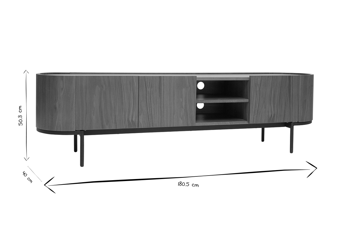 Mobile TV design legno scuro noce e metallo nero con scomparti L180 cm SKYE