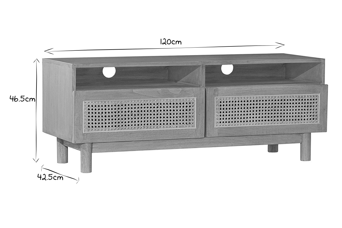 Mobile TV in legno chiaro e paglia di Vienna rattan L120 cm GALINA