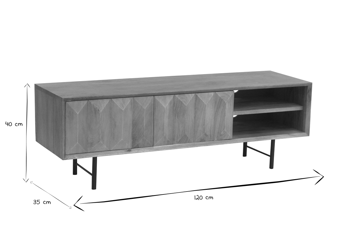 Mobile TV in legno chiaro massello di mango con incisioni e metallo nero L120 cm AGRA