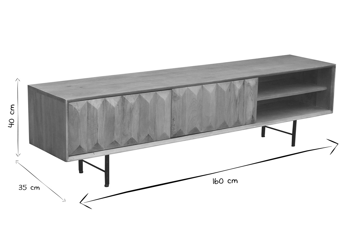 Mobile TV in legno chiaro massello di mango con incisioni L160 cm AGRA