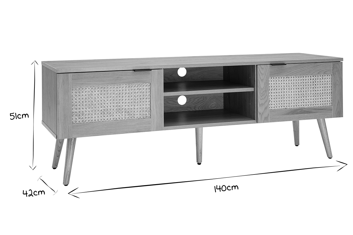 Mobile TV legno chiaro, motivo a intreccio rattan e metallo nero 2 ante L140 cm MANILLE