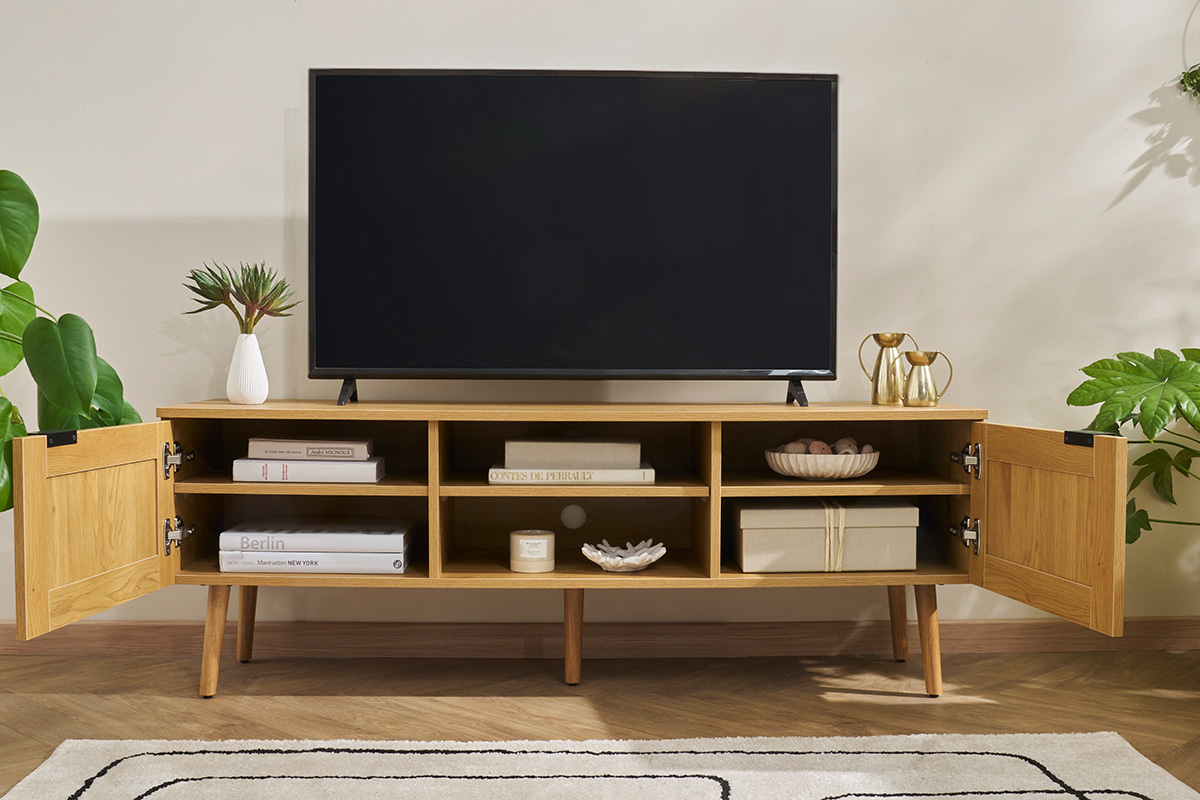 Mobile TV legno chiaro, motivo a intreccio rattan e metallo nero 2 ante L140 cm MANILLE