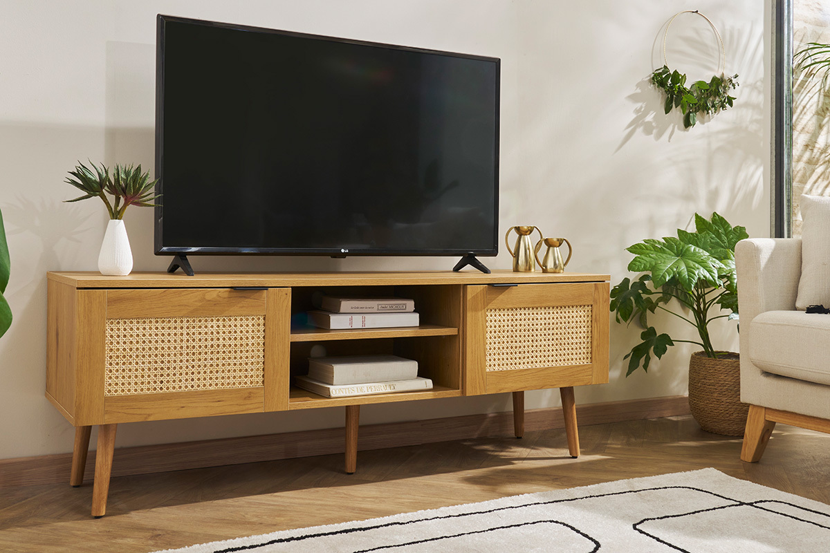 Mobile TV legno chiaro, motivo a intreccio rattan e metallo nero 2 ante L140 cm MANILLE