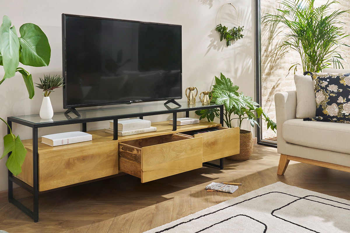 Mobile TV rettangolare con ripiani in legno massello di mango, vetro e metallo nero L150 cm DIYA