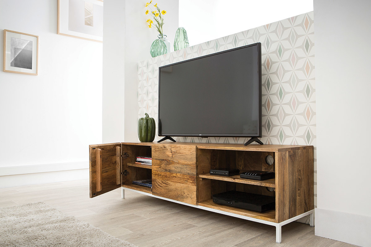 Mobiletto TV design in legno di mango e metallo bianco 145 cm BOHO