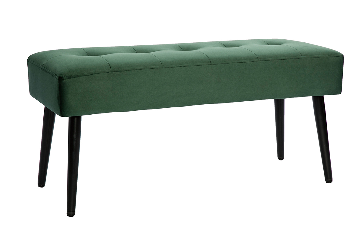 Panca design lavorazione capitonn in tessuto velluto verde scuro e metallo nero L95 cm GUESTA