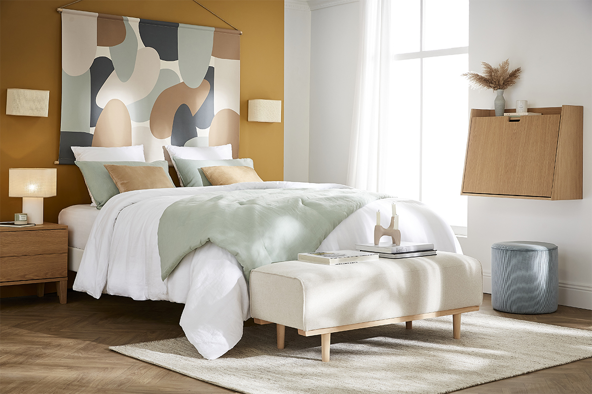 Panca fondo letto in tessuto beige e legno massello di faggio L124 cm MORRIS