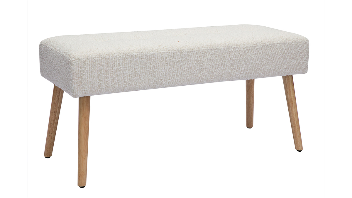 Panca scandinava lavorazione capitonn in tessuto effetto lana boucl bianco e legno chiaro L96 cm GUESTA