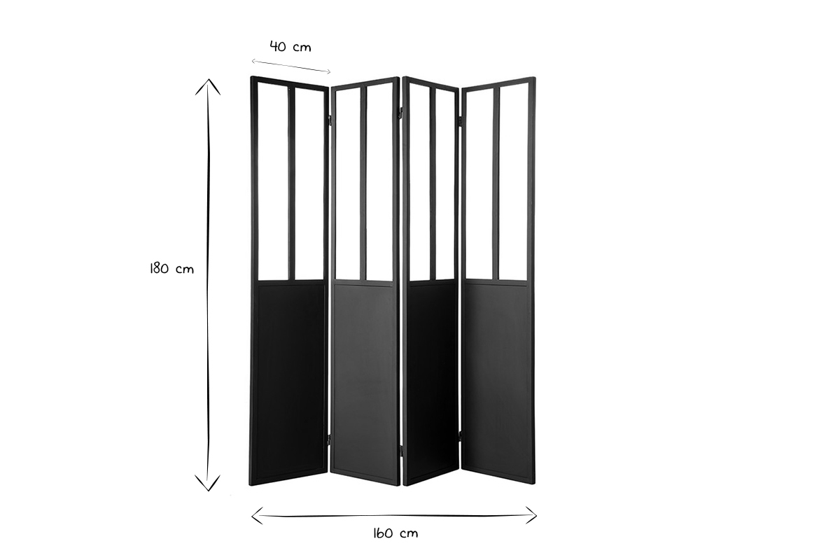 Paravento 4 ventagli in metallo nero e vetro RACK