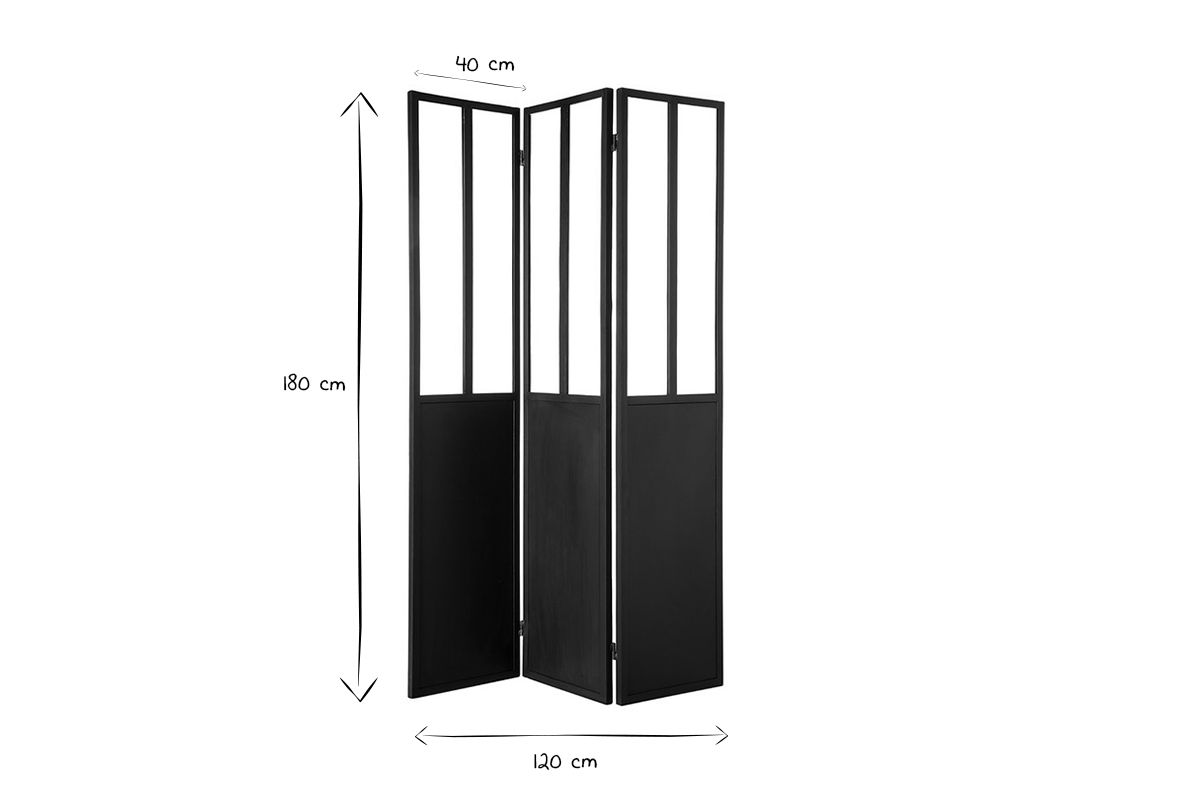 Paravento in metallo nero e vetro 3 ventagli RACK