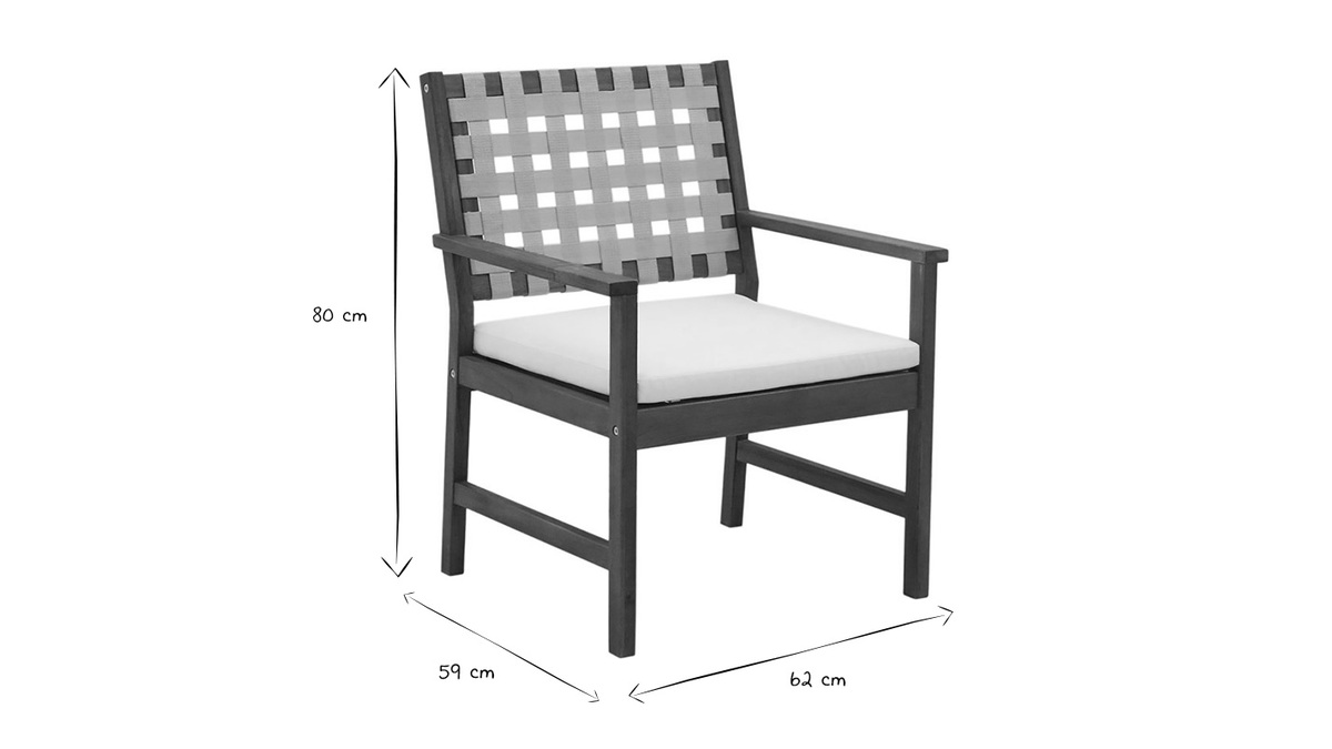 Poltrona da giardino in legno massello con cuscino bianco e strisce beige (set di 2) SANTANA