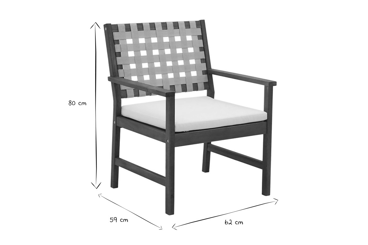 Poltrona da giardino in legno massello con cuscino bianco e strisce beige (set di 2) SANTANA