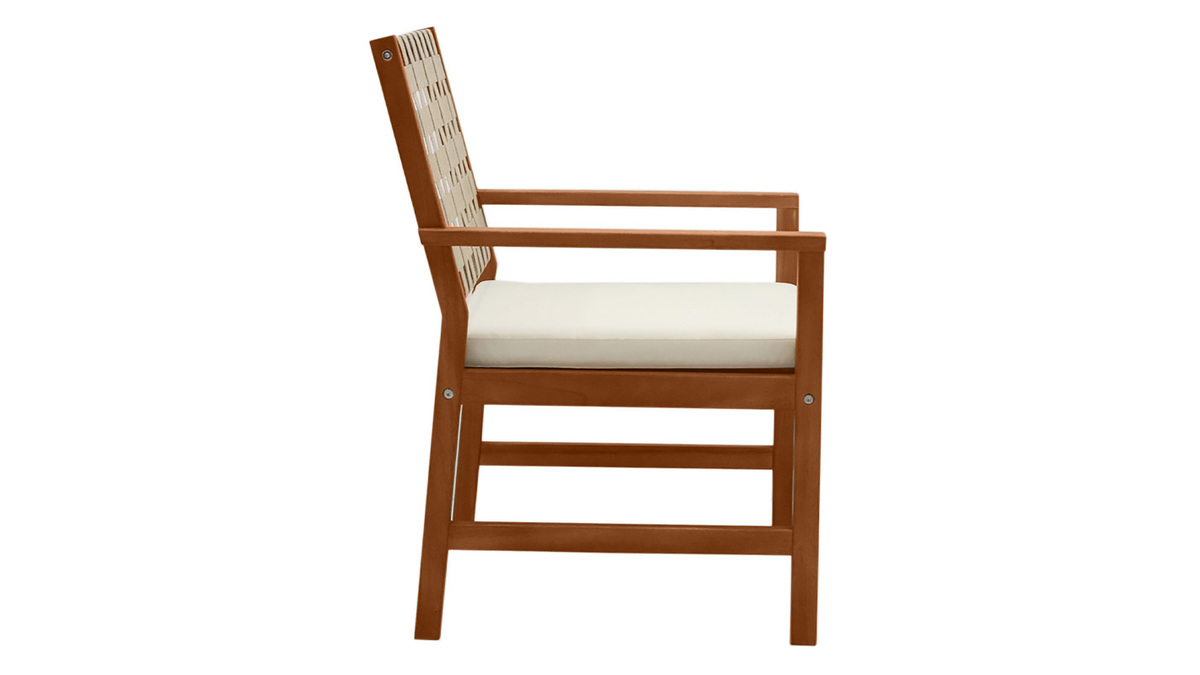 Poltrona da giardino in legno massello con cuscino bianco e strisce beige (set di 2) SANTANA