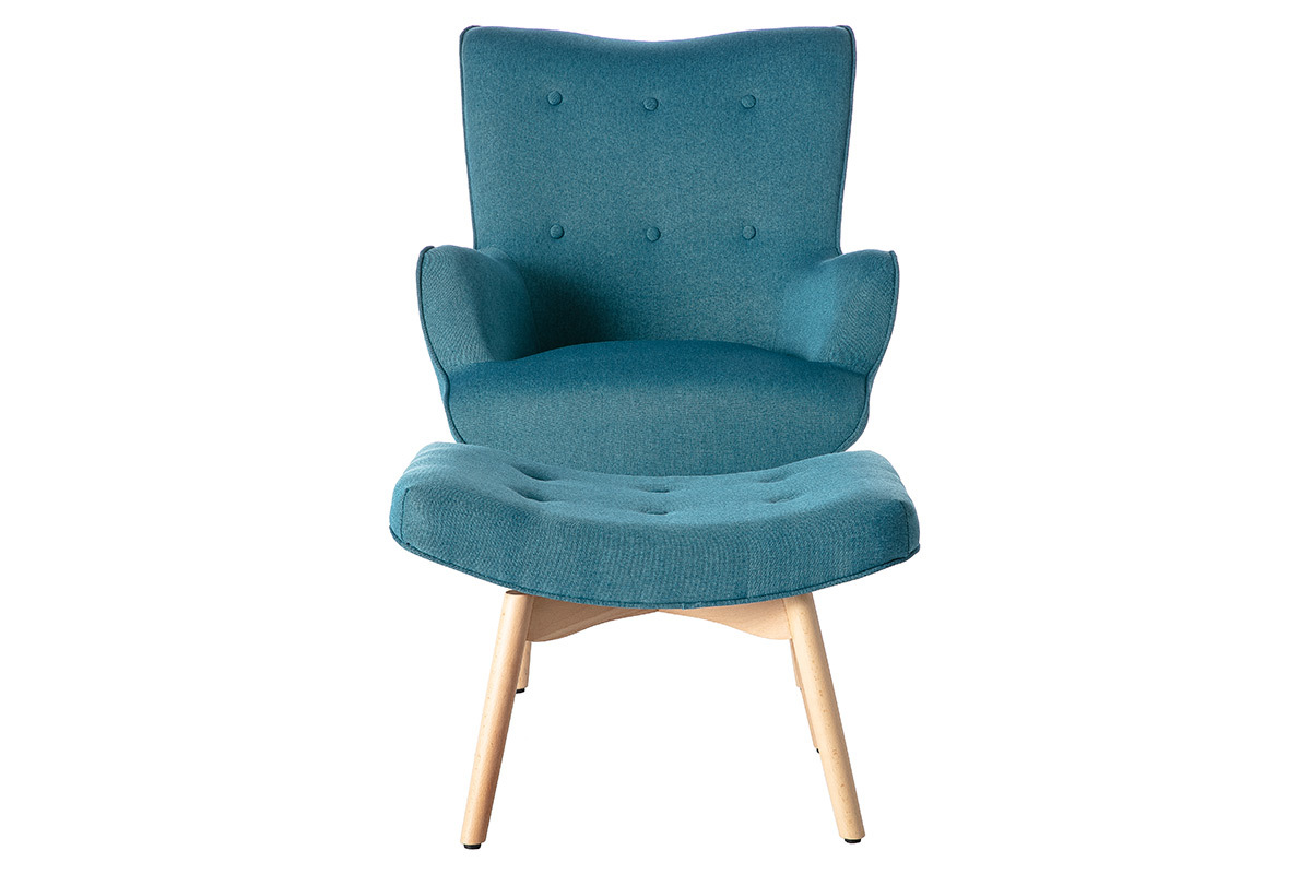 Poltrona design scandinava con poggiapiedi blu petrolio e legno chiaro BRISTOL