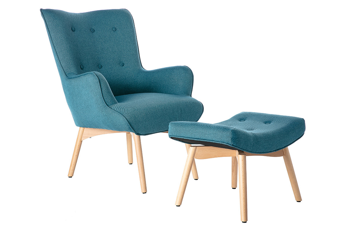 Poltrona design scandinava con poggiapiedi blu petrolio e legno chiaro BRISTOL