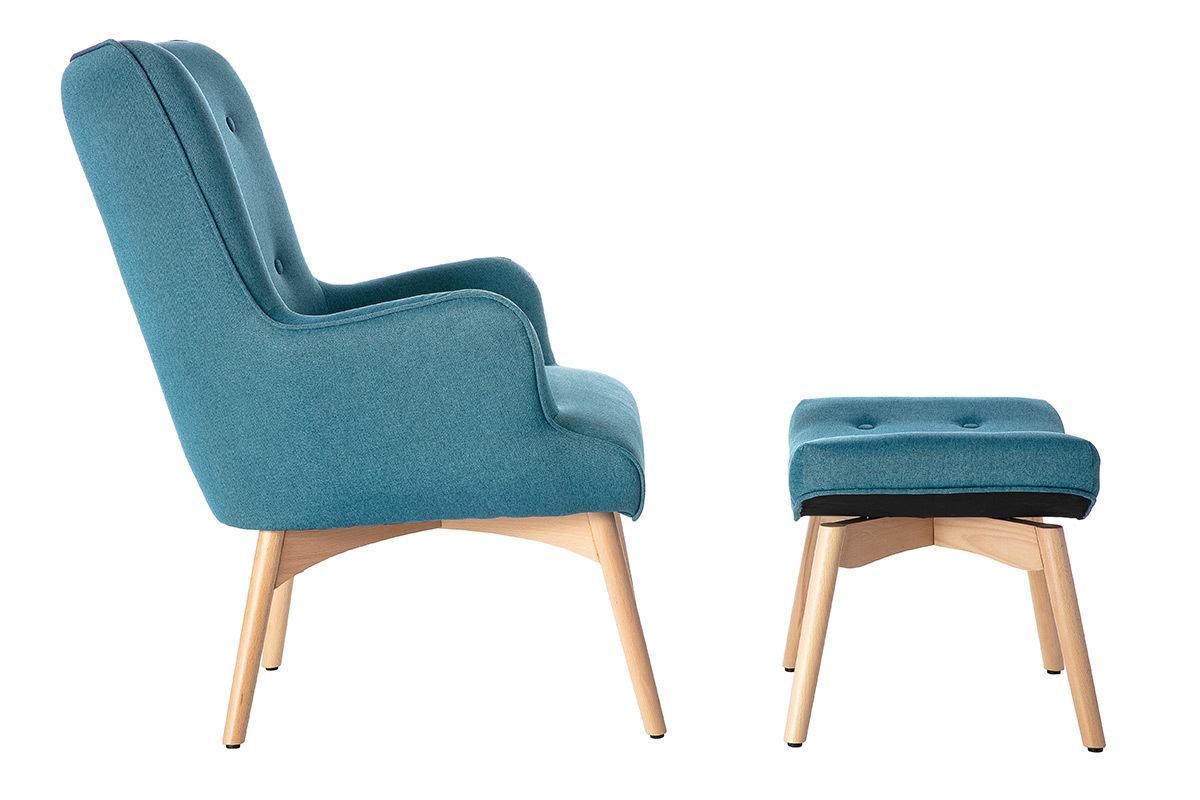 Poltrona design scandinava con poggiapiedi blu petrolio e legno chiaro BRISTOL