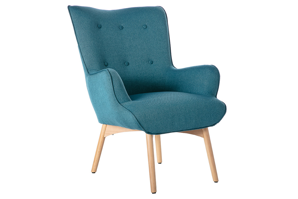 Poltrona design scandinava con poggiapiedi blu petrolio e legno chiaro BRISTOL